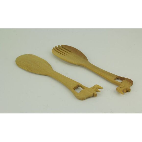 Zeckos - Hand Carved Wood Decorative Rhinoceros Handle Salad Server Set - Brown - Picture 2 of 3